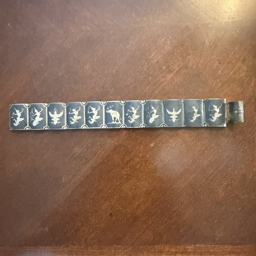 Vintage Siam Sterling Silver Niello Panel Bracelet Dancers Elephant‎ Garuda